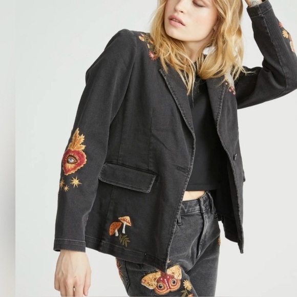 Free People Jackets & Blazers - DRIFTWOOD / Free People Black Denim Embroidered Blazer with Mushroom sz L NWT